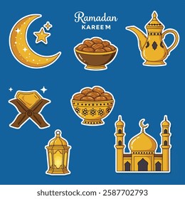 Set of Ramadan Kareem Iftar Stickers Pro Vector Doodle