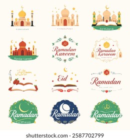 Set of Ramadan Kareem Iftar Stickers Pro Vector Doodle