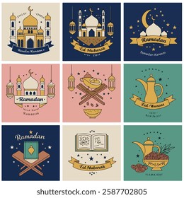 Set of Ramadan Kareem Iftar Stickers Pro Vector Doodle
