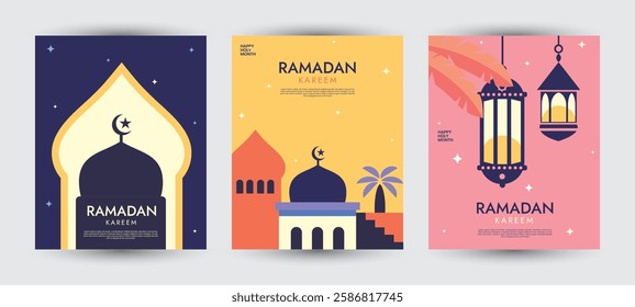 Set of Ramadan Kareem. Islamic invitation template design, poster, feed, banner. Modern design with pattern of beautiful Arabic ornament and typography in flat geometric style