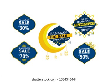 Set Of Ramadan Kareem Label, Sticker,button,badge And Ribbon Sale.Eid Offer Discount Tag Collection. Islamic Promotion Vector Illustration