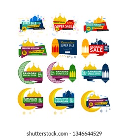 Set of Ramadan Kareem Label, sticker,button,badge,emblem and ribbon sale.Bundling Eid Offer Discount Tags Collection. Islamic promotion vector illustration