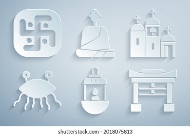 Set Ramadan Kareem lantern, Church building, Pastafarianism, Japan Gate, Buddhist monk and Jainism icon. Vector