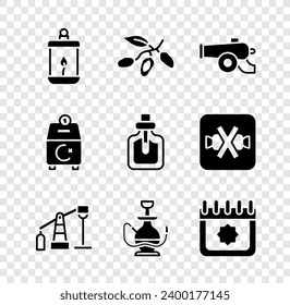Ponga la linterna Ramadan Kareem, Fruto de la cita, cañón, bombeo de aceite o jack de bomba, Hookah, calendario, Donate paga tu zakat y el icono Perfume. Vector