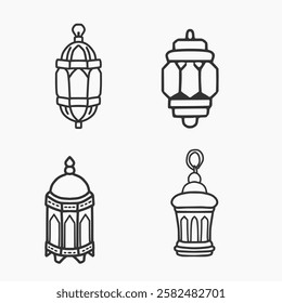 Set of Ramadan Kareem Lantern Hand Drawn Line Art. Intricate Islamic Vector Design for Eid Mubarak, Festive Decorations, Greeting Cards, Invitations, and Social Media Posts