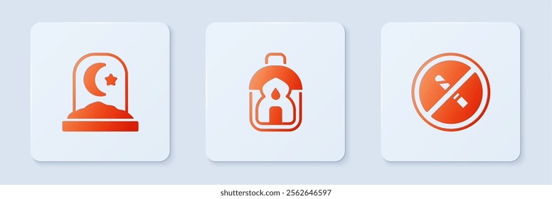 Set Ramadan Kareem lantern, Muslim cemetery and No Smoking. White square button. Vector