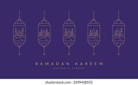 Set of Ramadan Kareem lantern with various mosque architecture linear outline logo, icons, poster, banner, greeting card, cover design template. Editable stroke vector art