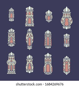 Conjunto de luces ramadan kareem, línea dibujada a mano con color digital, ilustración vectorial