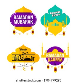 Set of Ramadan Kareem and Ramadan Mubarak Design Vector Template. Flat Design Element for Sticker, Badge, Logo, Banner, Flyer. with Mosque, Moon, Star and Lantern Vector