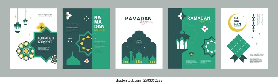 Set of Ramadan Kareem poster, greeting cards and holiday covers. Trendy modern design in soft pastel tones with Islamic motifs, a mosque, a crescent moon, and shining stars.