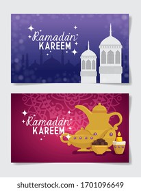 set of ramadan kareem posters with decoration vector illustration design