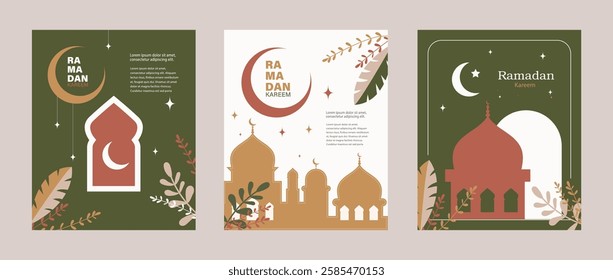 Set of Ramadan Kareem posters, greeting cards, and covers in a modern style With soft pastel tones. Islamic motifs, a mosque, crescent moon, and shining stars.