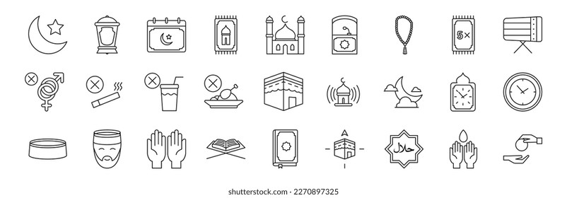 Set of Ramadan Kareem related vector line icons. Set of Islamic icons