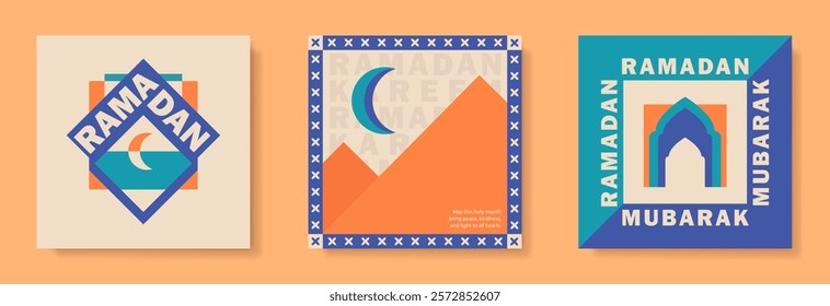 Set of Ramadan Kareem square greeting cards with a Muslim crescent moon, dunes, Islamic geometric design, Mosque arch in teal, blue, orange, beige. Eid Mubarak trendy bold modern abstract posters