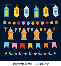 Set of Ramadan Kareem strings and garlands with lights, colocrful Moroccan lanterns, bunting flags, moon and stars. Collection of islamic party decorations. Isolated vector objects, flat design. 