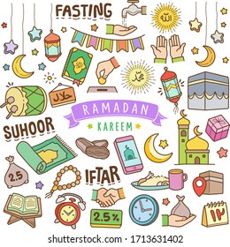 Set of ramadan kareem vector illustration element. Various types of hand-drawn ramadan in colors.