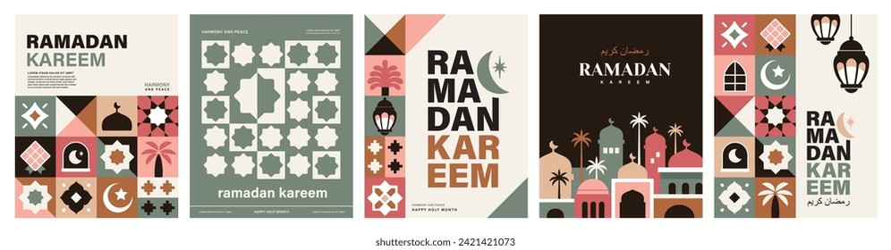 Set of Ramadan Kareem vector illustration in flat geometric style design for poster, greeting card, banner and cover. Translation: Ramadan Kareem