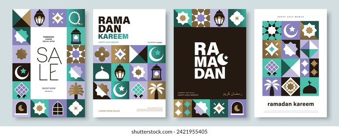 Set of Ramadan Kareem vector illustration in flat geometric style design for poster, greeting card, banner and cover. Translation: Ramadan Kareem