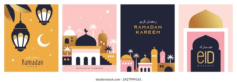 Set of Ramadan Kareem vector illustration in flat geometric style design for poster, greeting card, banner and cover. Translation: Ramadan Kareem