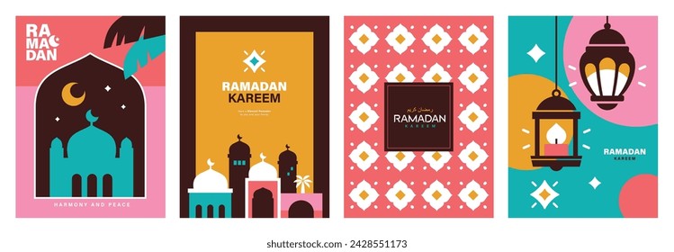 Set of Ramadan Kareem vector illustration in flat geometric style design for poster, greeting card, banner and cover.