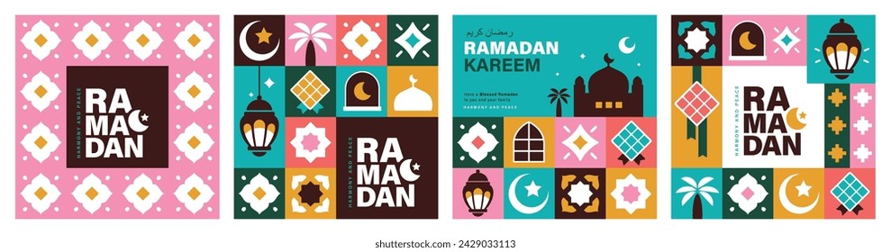 Set of Ramadan Kareem vector illustration in flat geometric style design for poster, greeting card, banner and cover.