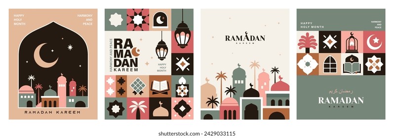 Set of Ramadan Kareem vector illustration in flat geometric style design for poster, greeting card, banner and cover.