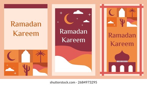 Conjunto de Ilustración vectorial Ramadan Kareem en diseño de estilo geométrico plano para póster, tarjeta de felicitación, Anuncio y cubierta в en hermosos colores del desierto