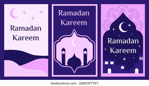 Conjunto de ilustrações vetoriais Ramadã Kareem em estilo geométrico plano para cartaz, cartão de saudação, faixa e capa em belos tons do céu noturno árabe