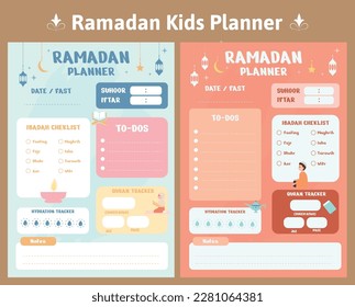 Un conjunto de planificadores infantiles de ramadán con un menú. Planificador de Ramadán para niños, diseño vectorial. Impresión digital.