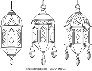 Set of Ramadan Lantern Outine Coloring Page