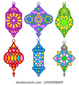 Set of ramadan lanterns, arabic lamps with colored patterns. Fanous lantern, flat, silhouette vintage design. Eastern, turkish, moroccan traditional lamp, from metal and glass. Vector illustration