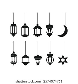 Set of ramadan lanterns in black silhouette, collection of flat style design vector illustrations of happy ramadan lantern decoration.