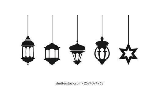 Set of ramadan lanterns in black silhouette, collection of flat style design vector illustrations of happy ramadan lantern decoration.