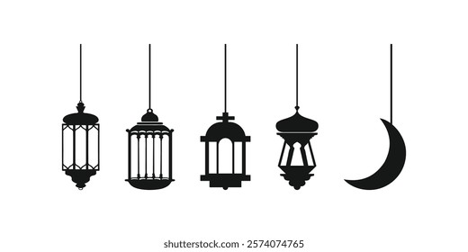 Set of ramadan lanterns in black silhouette, collection of flat style design vector illustrations of happy ramadan lantern decoration.