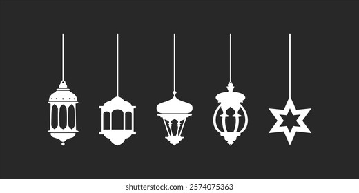 Set of ramadan lanterns in white silhouette, collection of flat style design vector illustrations of happy ramadan lantern decoration.