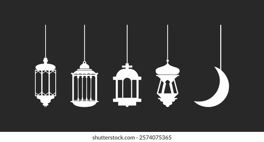 Set of ramadan lanterns in white silhouette, collection of flat style design vector illustrations of happy ramadan lantern decoration.