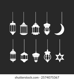 Set of ramadan lanterns in white silhouette, collection of flat style design vector illustrations of happy ramadan lantern decoration.