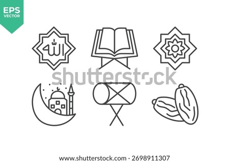 Set Of Ramadan Line Icons. The set includes a Islam, Mosque, Fasting, Quran, Worship, Religion, Crescent, Prayer, Donation, Hampers, and more.
