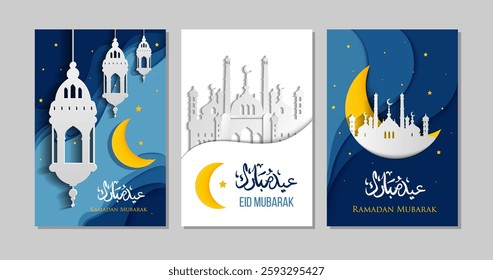 Set of Ramadan Mubarak Greeting Cards with Mosque and Crescent Moon in Paper Cut Style. Greeting card perfect for Ramadan and Eid celebrations, invitations, banners. Translation generous Ramadan.