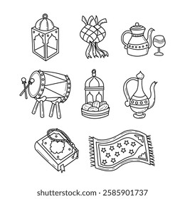 Set of ramadan objects outline collection with line art style, contain islamic lantern, ketupat, teapot, drum, dates fruit, carpet, rug, and quran book. Ramadan Kareem element decoration. 