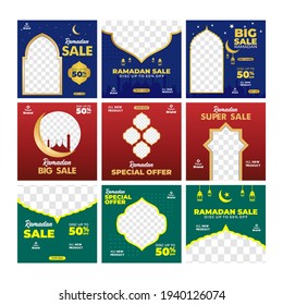 Conjunto de plantilla de publicación de Ramadán, plantilla de publicación de medios sociales, ilustración vectorial.