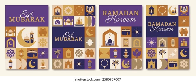 A set of Ramadan posters with a variety of symbols and designs, all related to Ramadan. The posters feature a mix of religious and cultural symbols, such as the crescent moon, stars, and palm trees