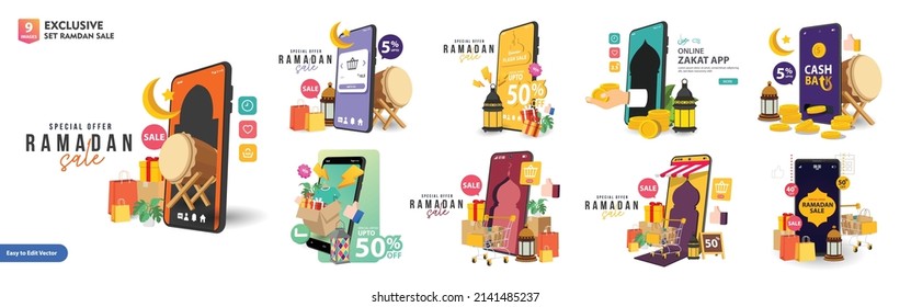 Set of Ramadan sale banner or sale poster for festival of eid mubarak celebration, Ramadan Big Sale, Clearance, Discount, and cashback