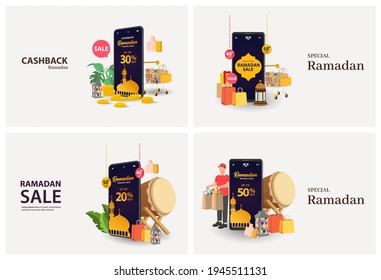 Set Ramadan sale banners or Cashback set,discount and best offer tag, label or sticker set on occasion of Ramadan Kareem and Eid Mubarak, vector illustration