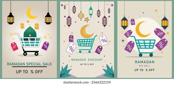 Set of Ramadan sale banners featuring shopping carts, and discount tags. For promotions, e-commerce, online stores, social media campaigns, and promotional Ramadan discounts, sales, and special offers