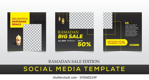 Set of Ramadan sale social media and marketing post. Social media banner template. Ramadan social media post template with blank areas for images.
