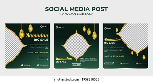 Set Ramadan Sale social media post template on green gradient background. It is suitable for banners, posters, greeting cards, web ads. Vector illustration