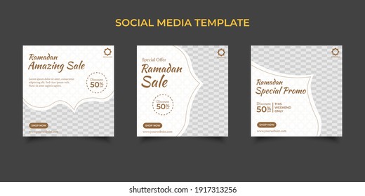 Set Ramadan Sale Square Banner Promotion Template. Suitable for Web Promotion and Social Media Template Post for Ramadan Kareem Greeting Card, Event, and etc. Vector Illustration.