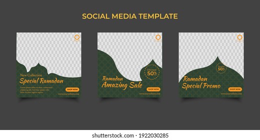 Set Ramadan Sale Square Banner Promotion Template. Suitable for Web Promotion and Social Media Template Post for Ramadan Kareem Greeting Card, Event, and etc. Vector Illustration.