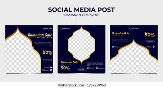 Set of ramadan sale square banner templates on dark blue background. It is suitable for greeting cards, social media posts, posters, web ads, etc.